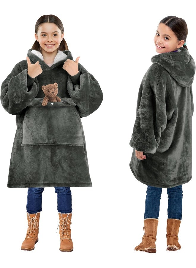 Solaris Wearable Blanket Hoodie for Kids - Warm Soft Gift, Oversized Cozy Sherpa Fleece Sweatshirt Pullover for Teens, Girls, Boys, Large Pocket, Gray - Image 1